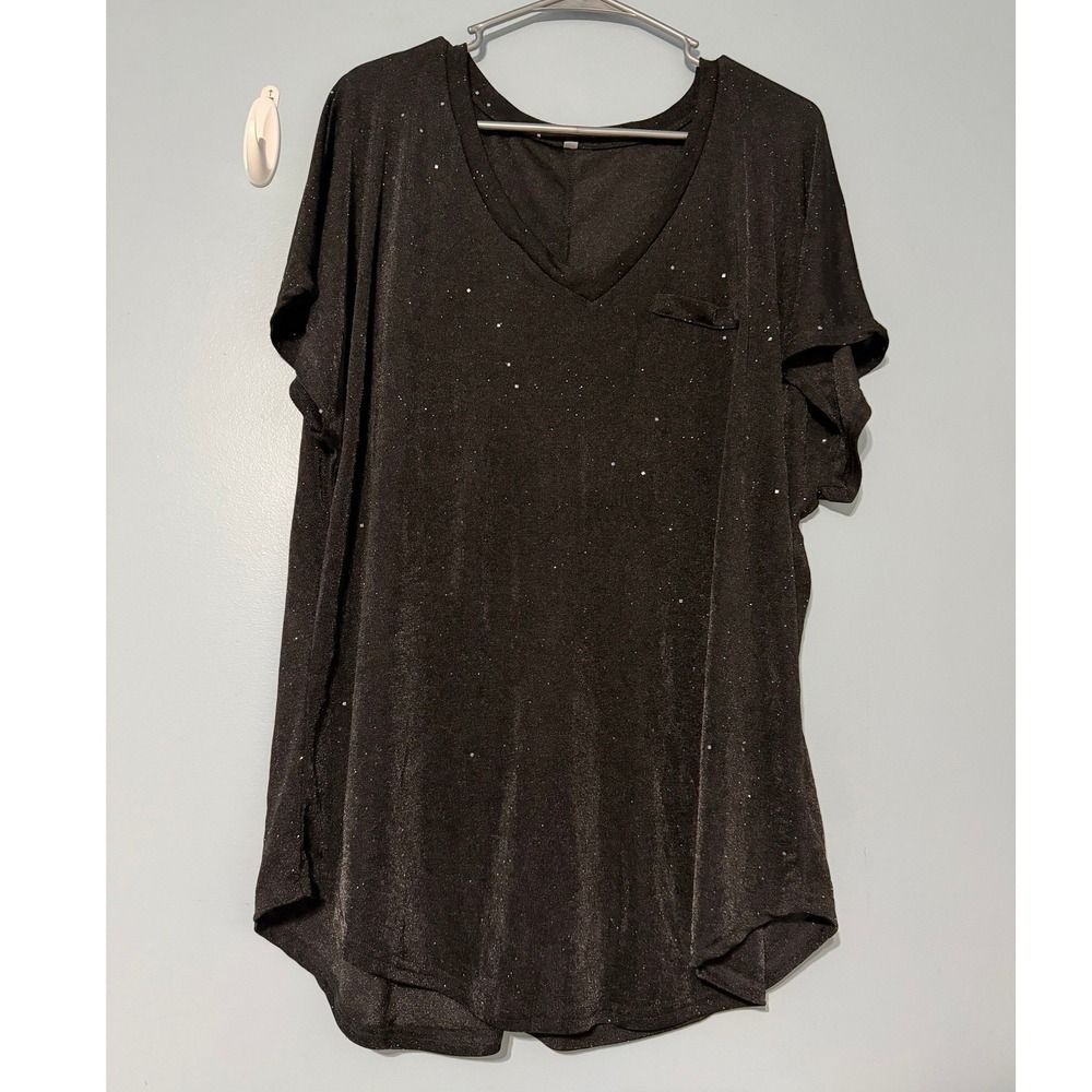 Black Glitter Sparkle V-Neck 2XL Pocket Tee Oversized Short‎ Sleeve Top 1483